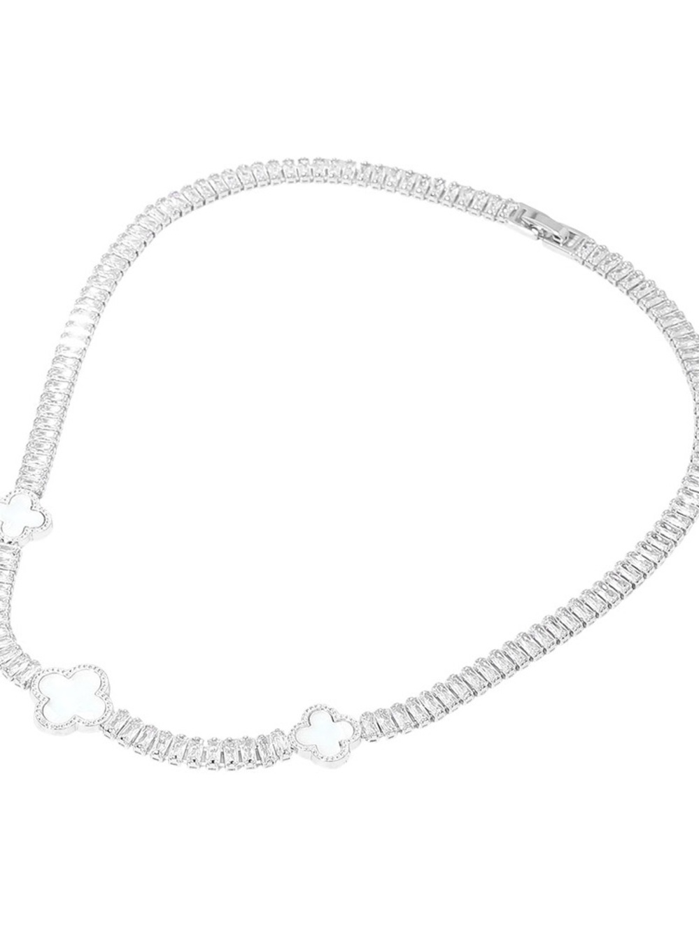Sterling Silver Clover Accent Necklace - White Inlay